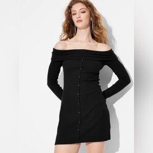Wild Fable Sz Medium Dress Off Shoulder Button Front Bodycon Rib Knit Black NWT